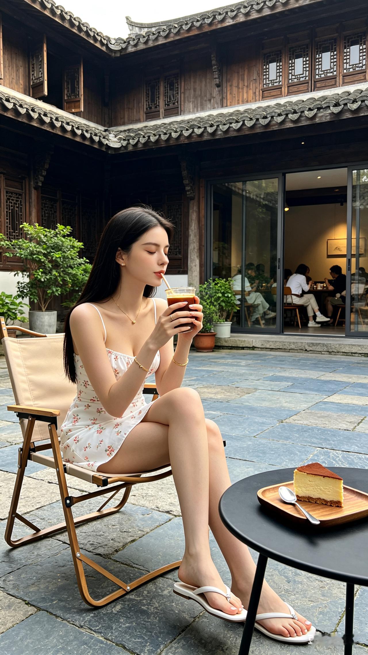 中式古院咖啡馆户外实拍，白人少女黑长直浅淡妆，碎花吊带裙坐露营椅抿冰美式，阴天柔