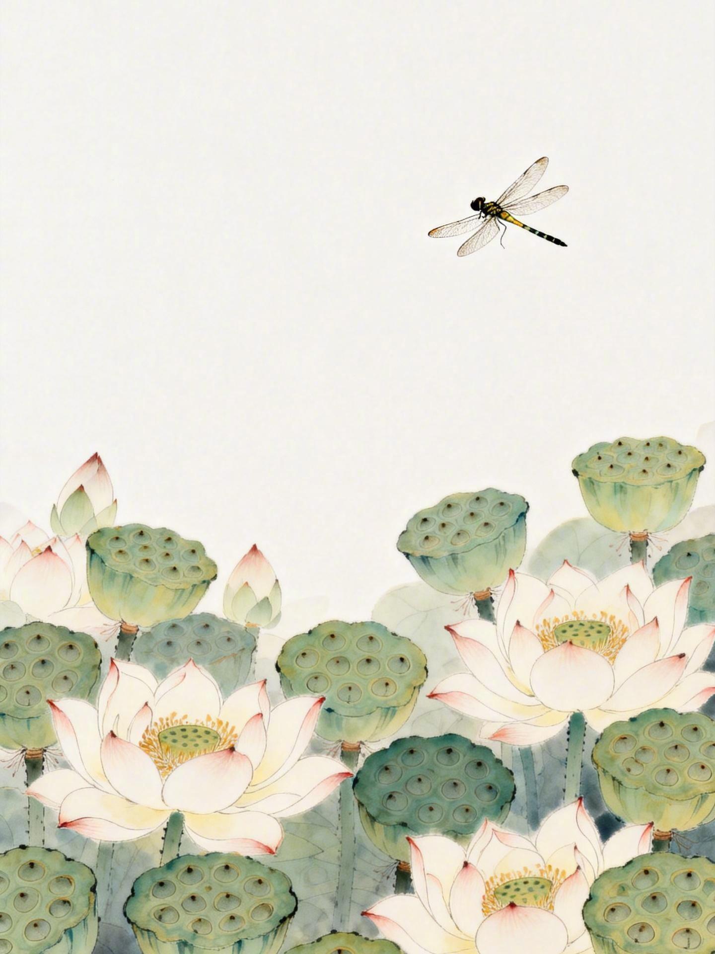 工笔国画风：荷花与蜻蜓