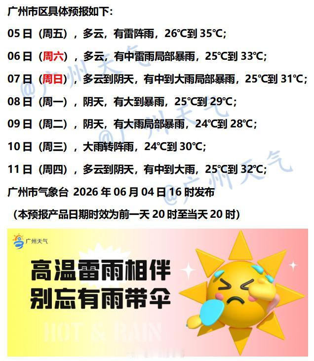 【广州未来七天（6月5日～6月11日）天气概览】预计广州地区今晚夜间起雷雨渐趋活
