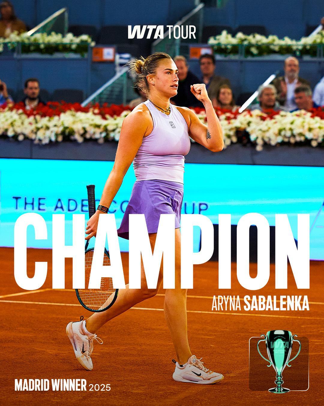 萨巴伦卡加冕马德里三冠王🏆WTA1000马德里站决赛，头号种子萨巴伦卡以6-3