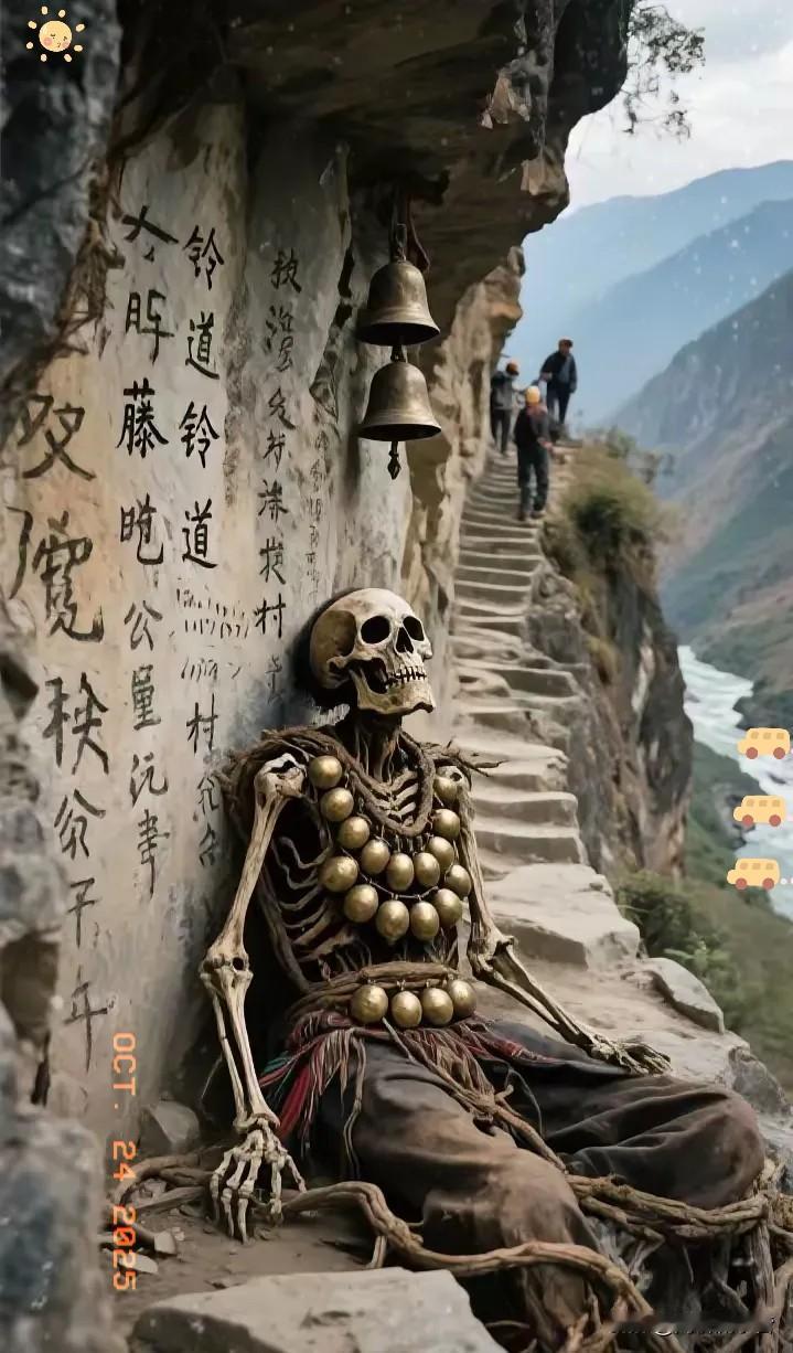 云南怒江“藤铃道”惊现百年谜踪扶贫队在怒江绝壁修路时，于石缝中发现盘坐百