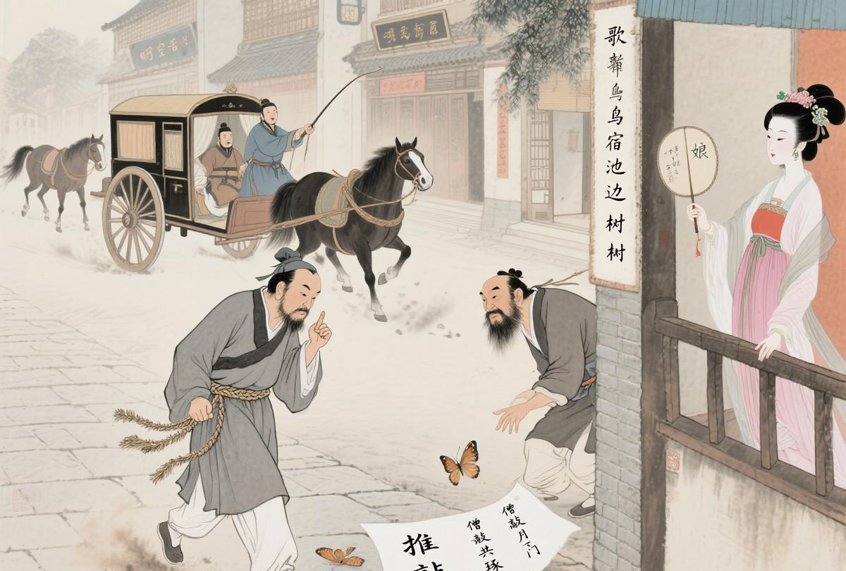 贾岛为歌妓推敲诗句闹笑话：街头苦吟撞车队，共琢佳句获赞赏中唐诗人贾岛，以“苦
