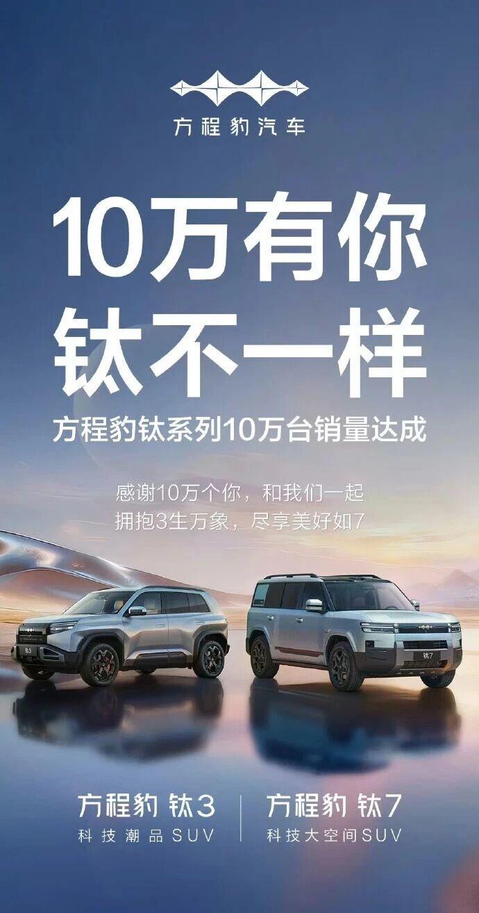 比亚迪方程豹发布喜报：钛3、钛7的累计销量突破10万辆比亚迪个性化品牌比亚