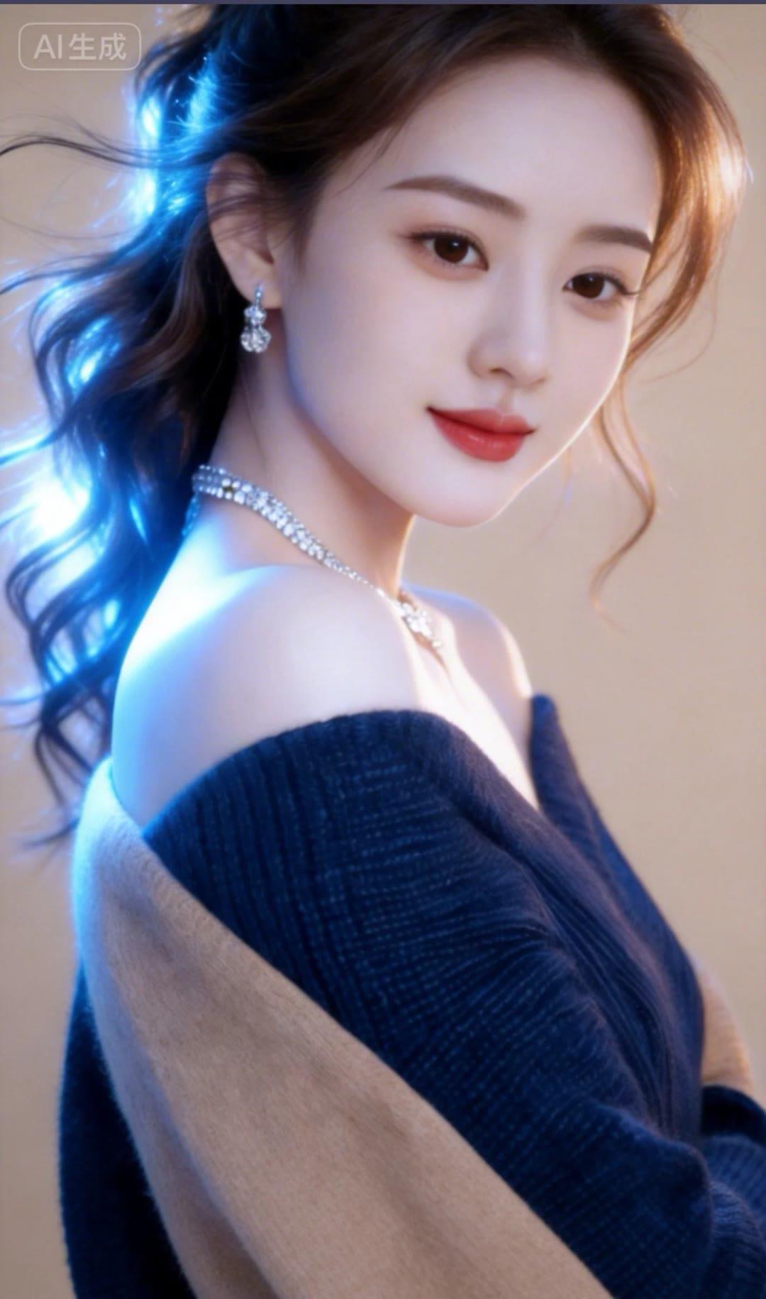 优雅气质，闪耀珠宝，蓝光映衬下的迷人侧颜。