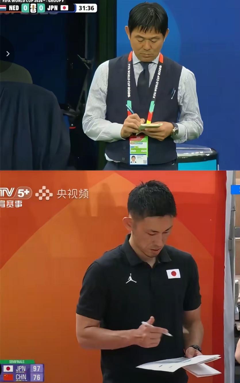 日本主帅都有比赛记笔记习惯！郭士强为何没有？我们看到日本男足和男篮主帅在场下指挥