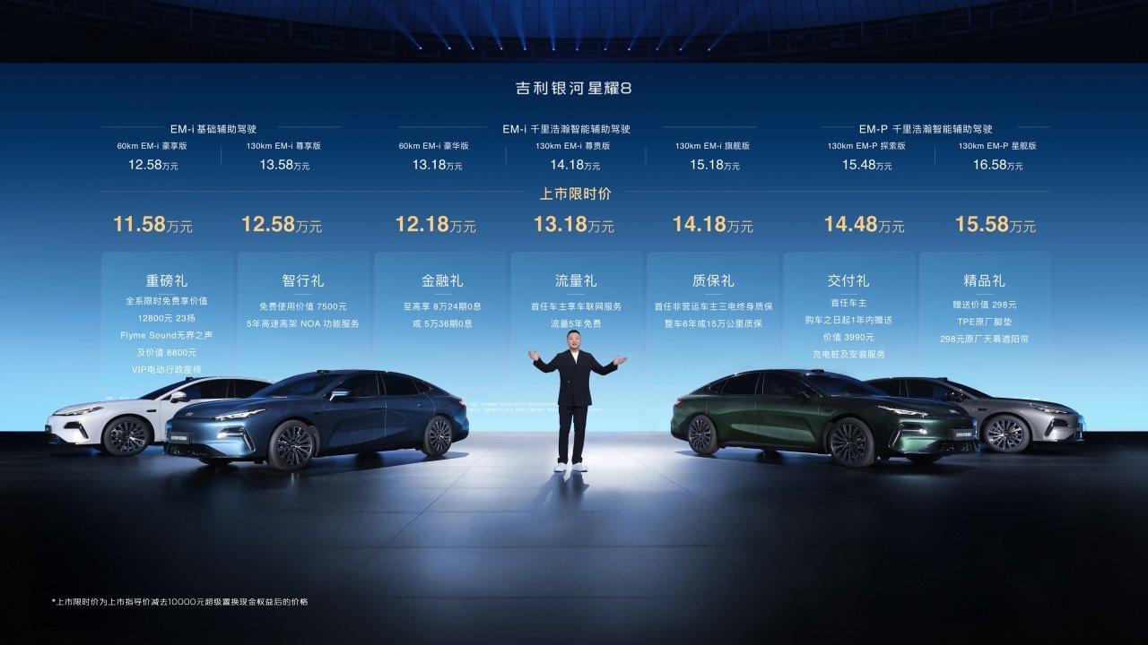 吉利银河星耀8上市，新车共推出7款车型，售价区间为12.58万-16.58万元