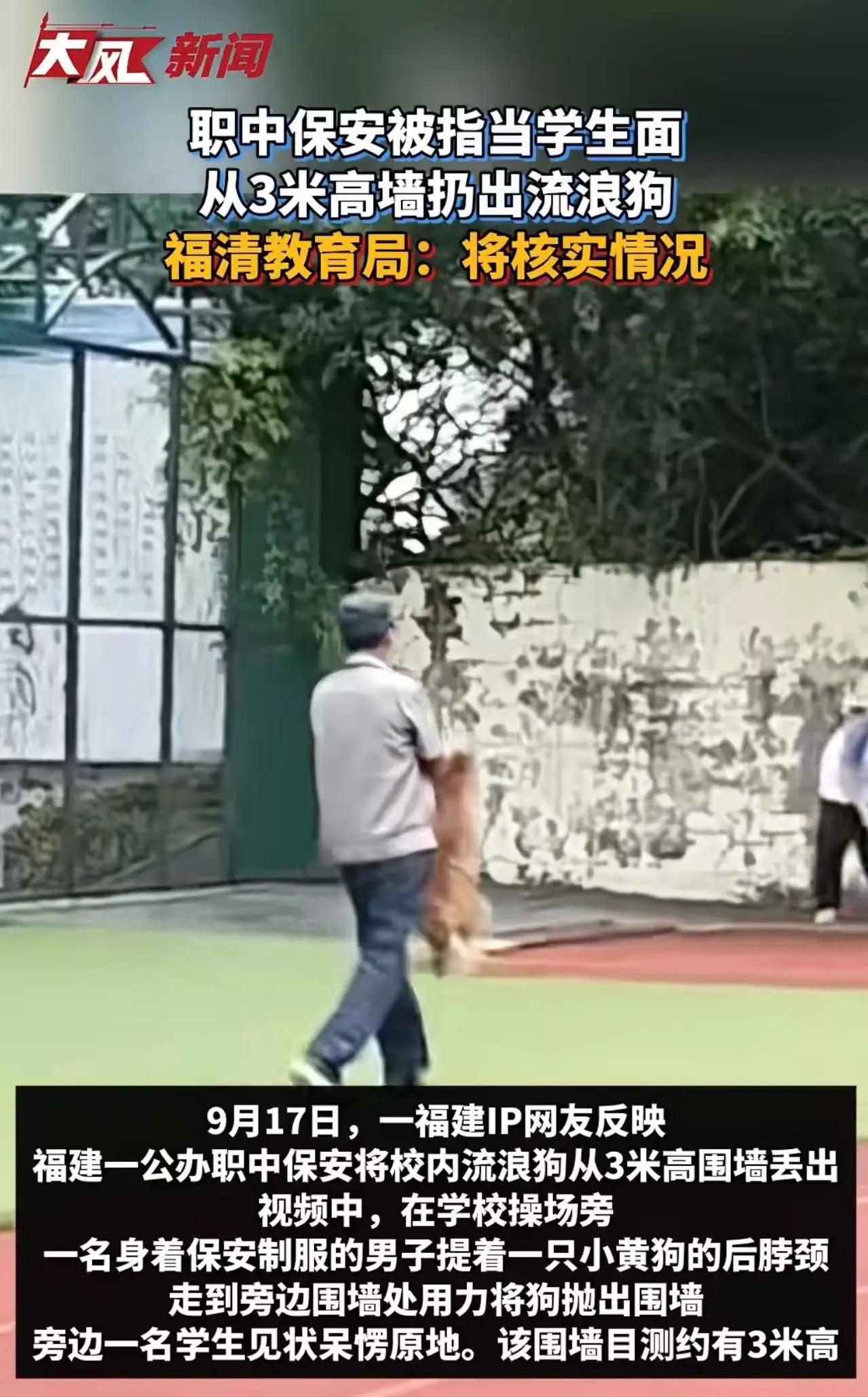 吵翻了！职中保安当着学生的面，把流浪狗从3米高的围墙扔出去，被网友指责：这个保安