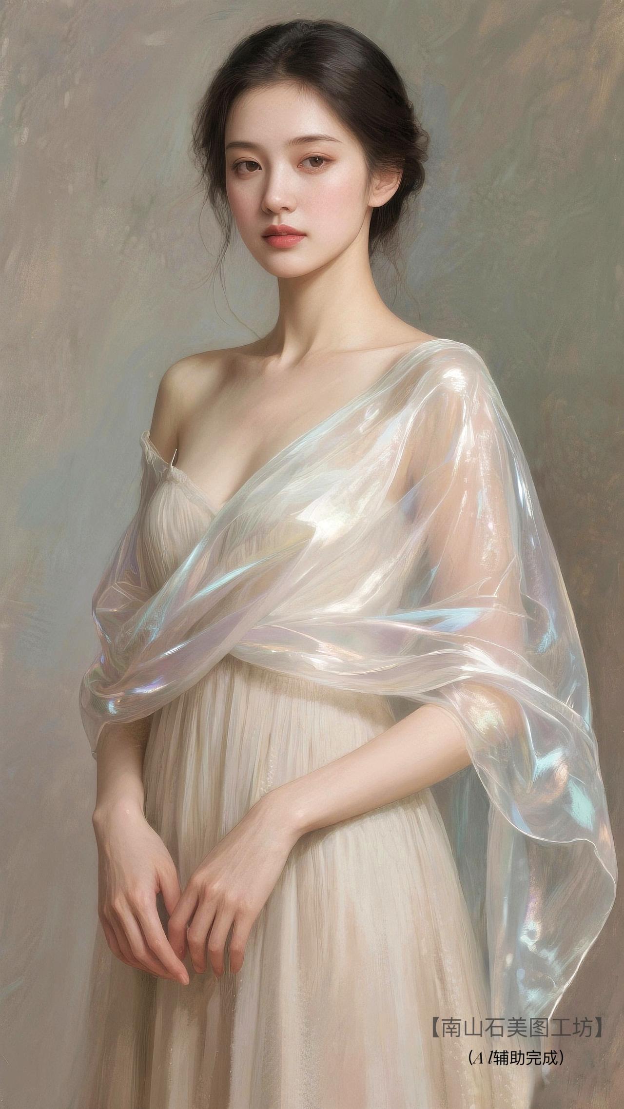 浅香槟裙曳地，幻彩薄纱似星河落肩，每缕褶皱都漾着柔光。她如古典油画走出的精灵，眸
