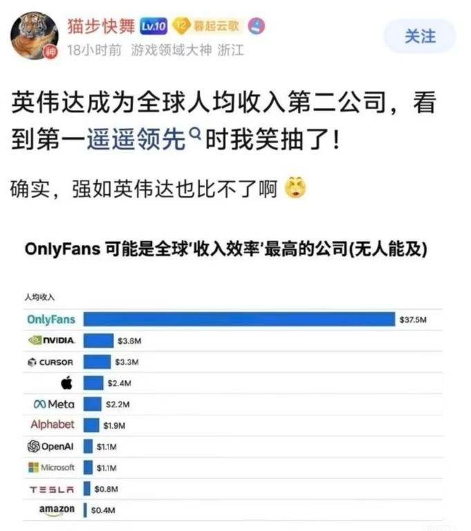 惊了！全球人均收入第一的公司居然是OnlyFans。这家英国的订阅制内容公司，靠