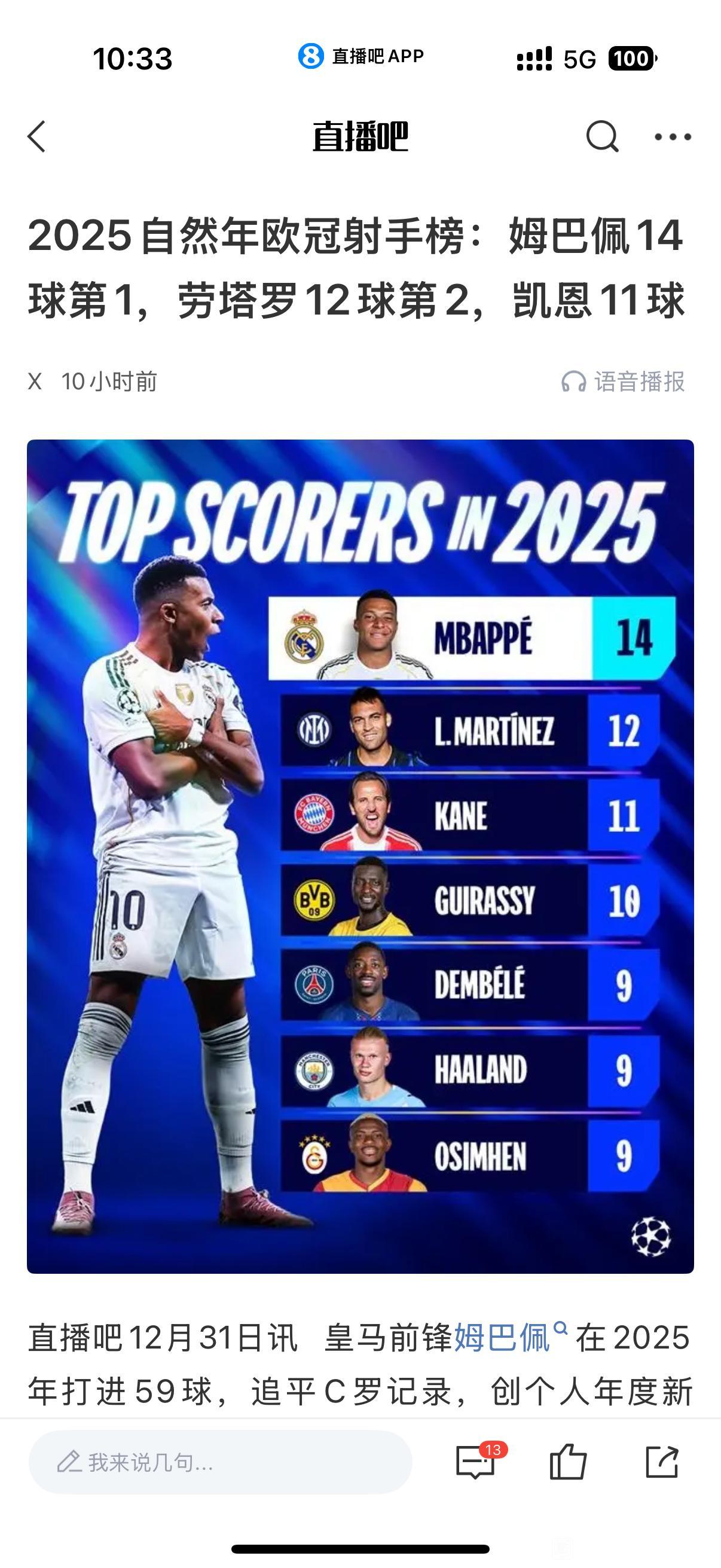 2025年欧冠最佳射手。姆巴佩14球，没有冠军。劳塔罗12球，惨痛的亚军