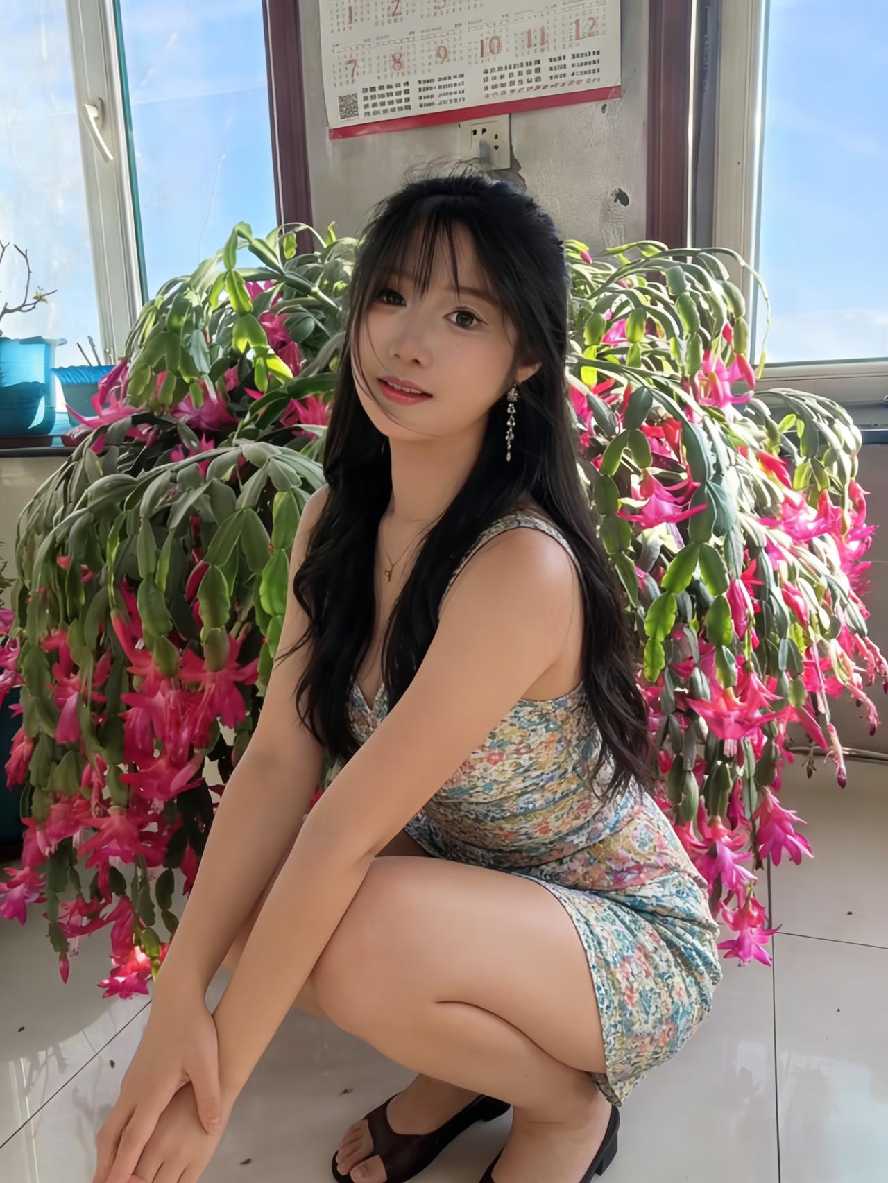 繁英照眼明，艳色簇芳庭。裙剪霞纹细，簪凝露影清。蹲身依嫩蕊，浅笑对红英。花