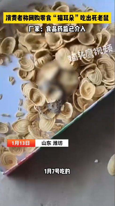 “太恶心了！”近日，山东潍坊，田先生网购了一包猫耳酥准备解馋，拆开后却闻到一股刺