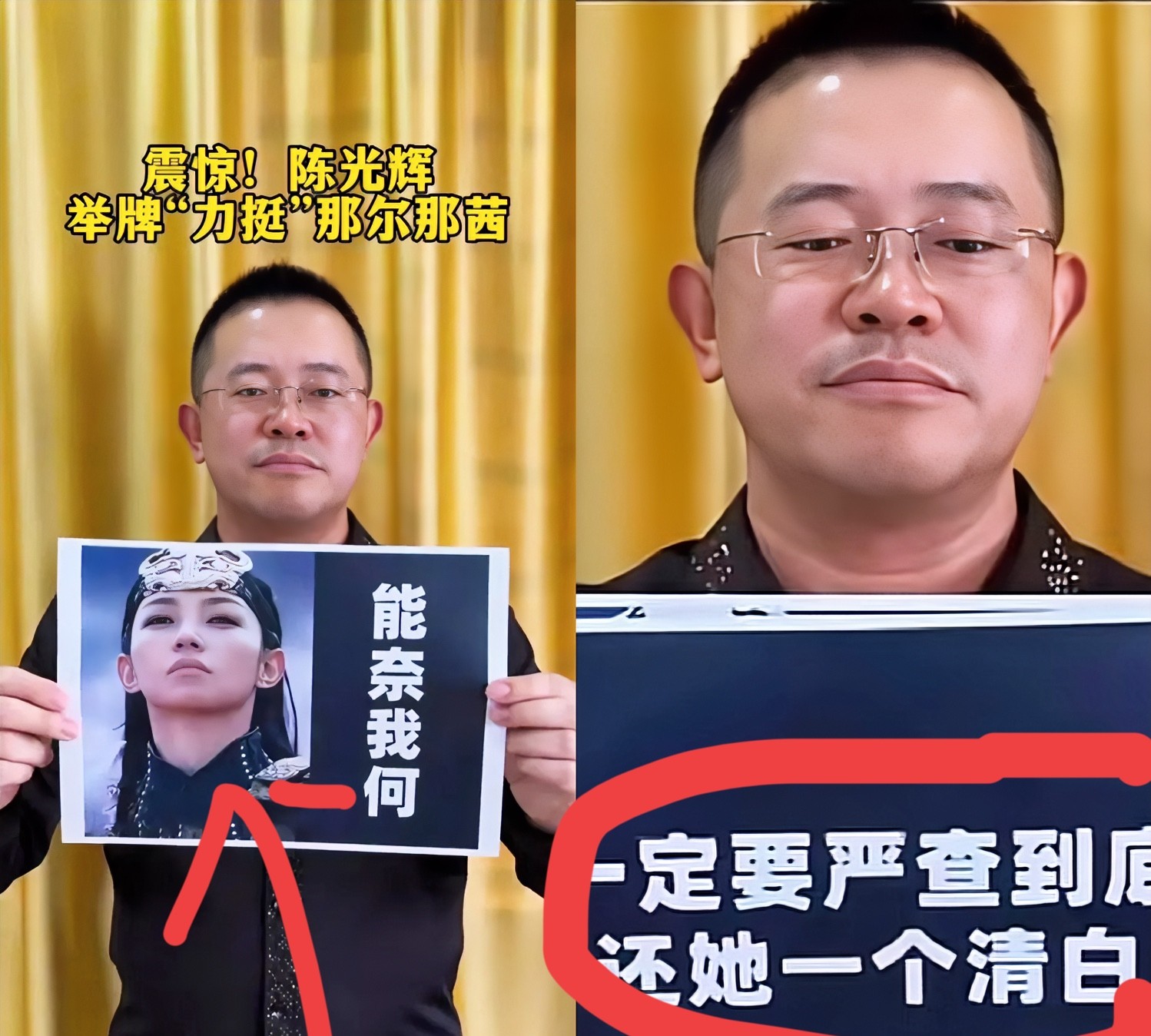 震惊下巴了呀！河北雄安科技公司董事长陈光辉举牌力挺那尔那茜，牌子上写着喜