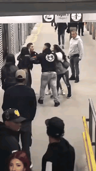 老外打架也有只动口不动手的，那位男士一直在比划，却始终不敢动手，看样子是被第一拳