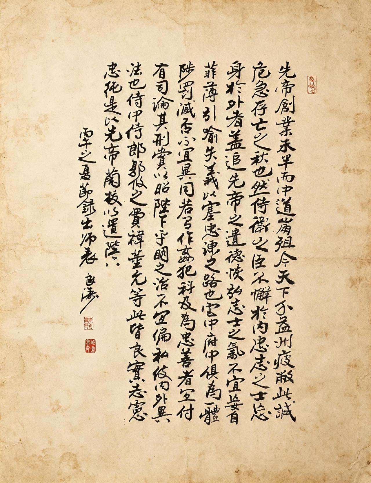 AI复古宣纸书法感写字，是与古人最直接的对话。今录《出师表》半篇，墨香满室。书法