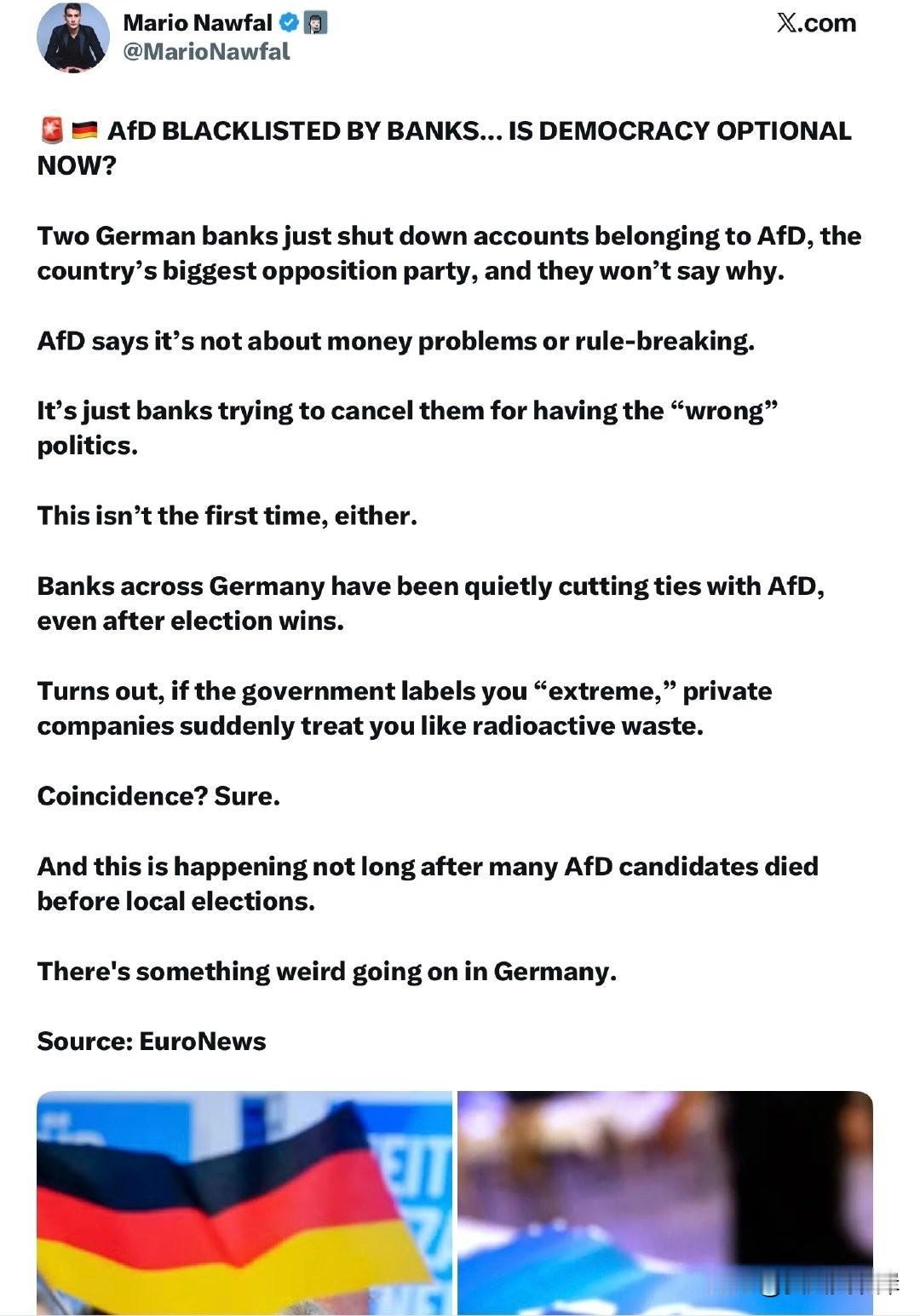 德国选择党（AfD）被银行“拉黑”……民主现在成可选项了？两家德国银行刚