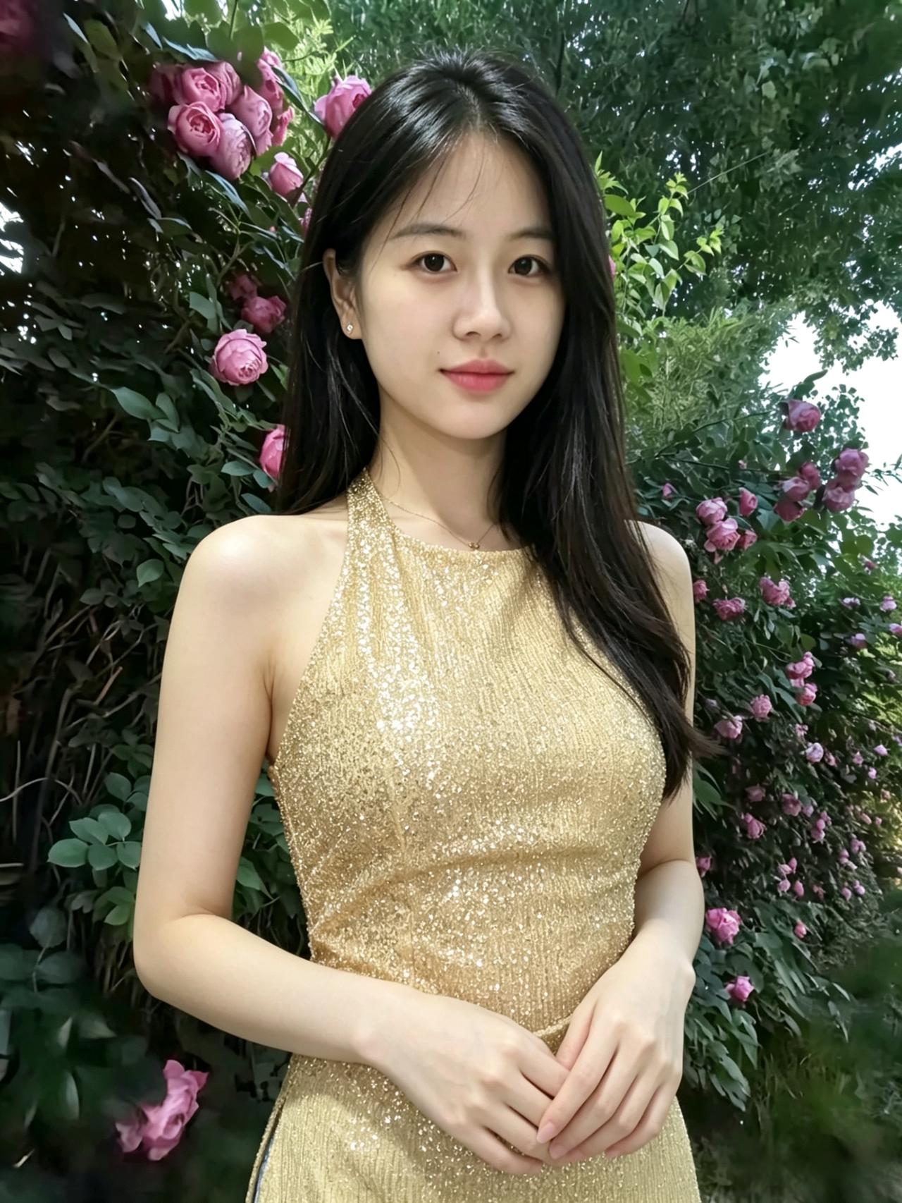 长发垂如瀑，金裙闪若星。明眸含浅月，浅笑自倾城。静立花间立，清光落满身。风