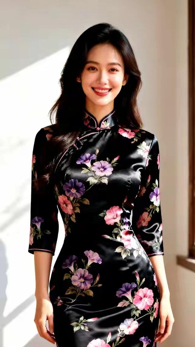 黑色旗袍，韵味独特。国风古韵，文化传承。含蓄优雅，自信满满。温婉如初，气质