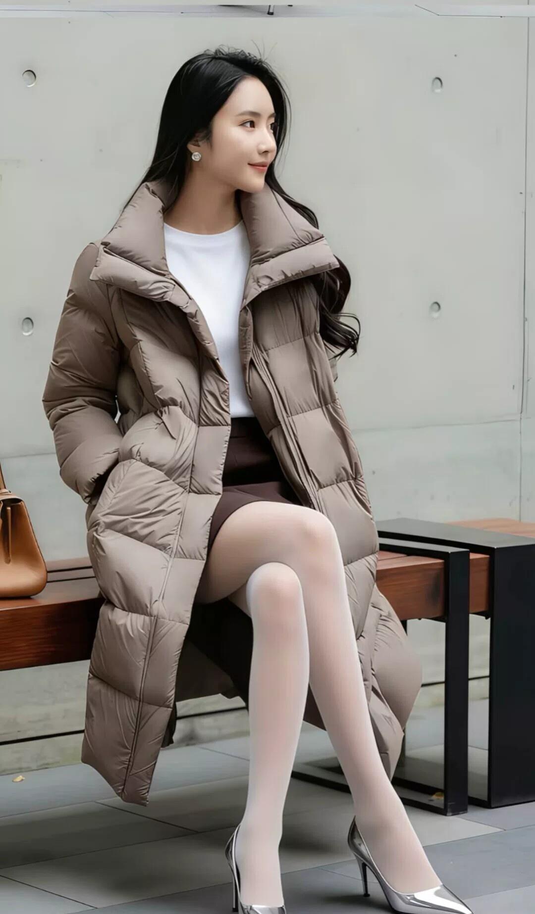 卡其色长款羽绒服裹住冬日的暖意，内搭白T与咖色短裙，白丝配银色高跟的搭配，让保暖