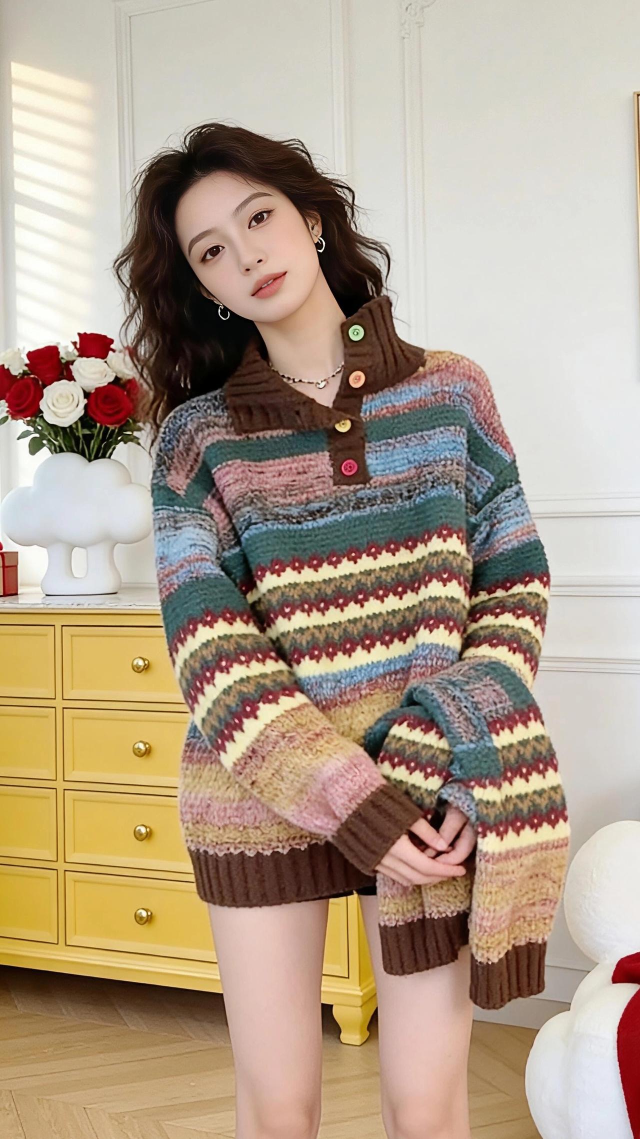 彩条毛衣里的温柔时光阳光漫过百叶窗，在米白墙面上投下细碎的光影，像极了这件