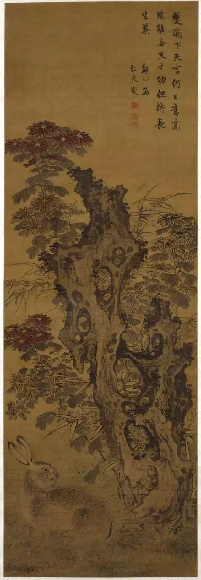 明徐霖(1462～1538)《菊石野兔图》绢本设色160×52厘米故宫博物