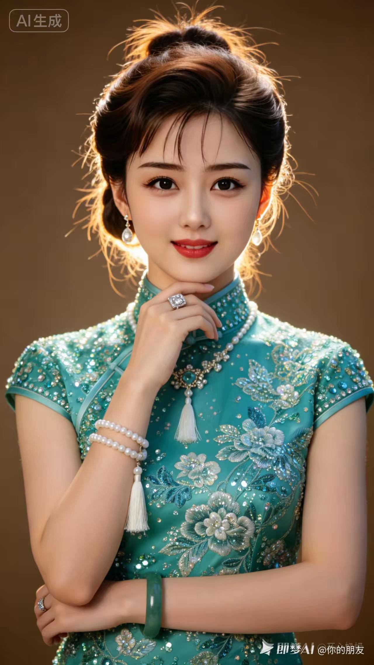 这位美女穿着华丽的旗袍，优雅迷人。