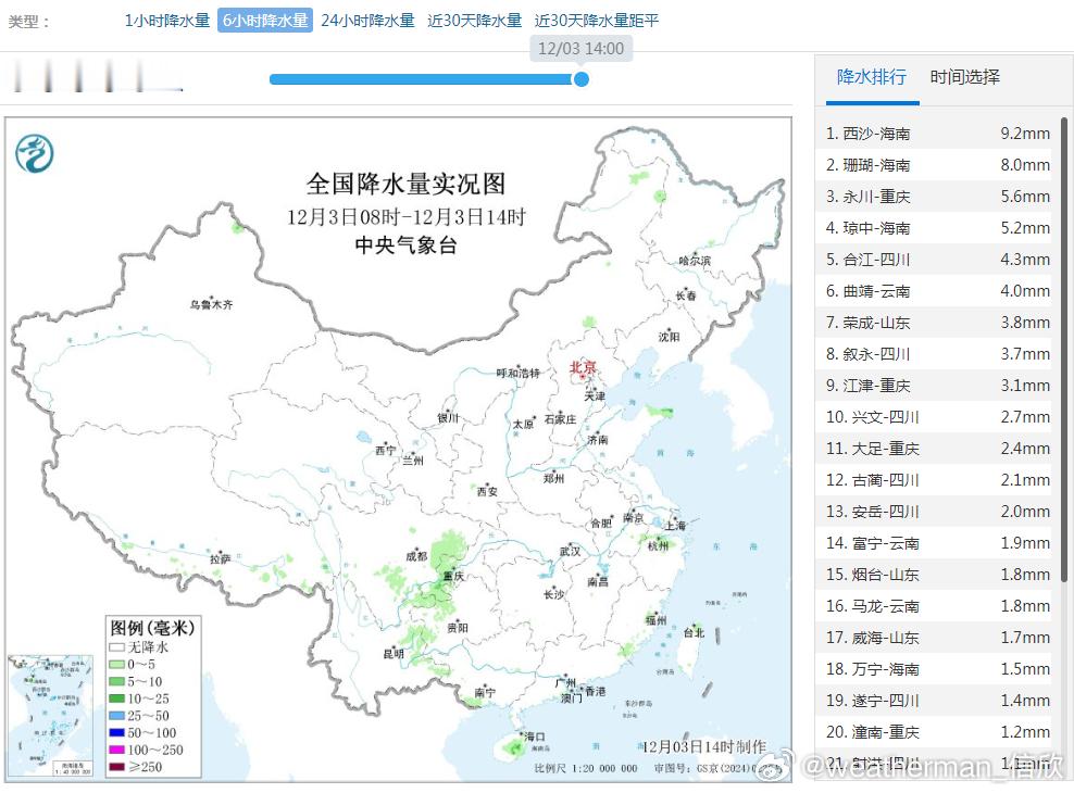 【降水】今天08-14时，在海南、重庆、四川部分地区出现降雨。在山东烟台-威海一