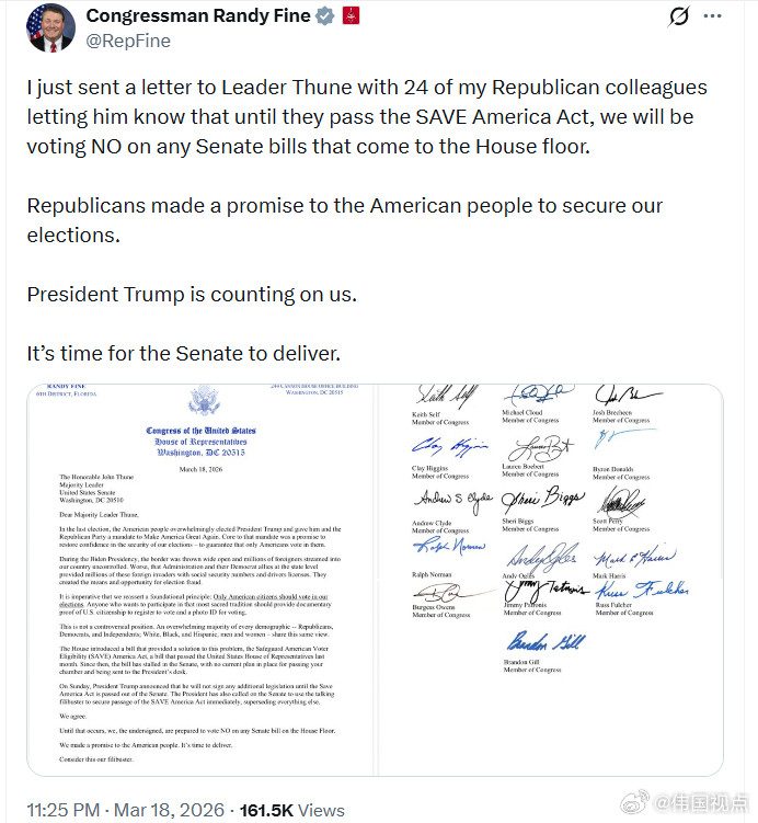 国会议员兰迪·范恩：我刚刚和我的24位共和党同僚一起，给参议院领导约翰·图恩写了