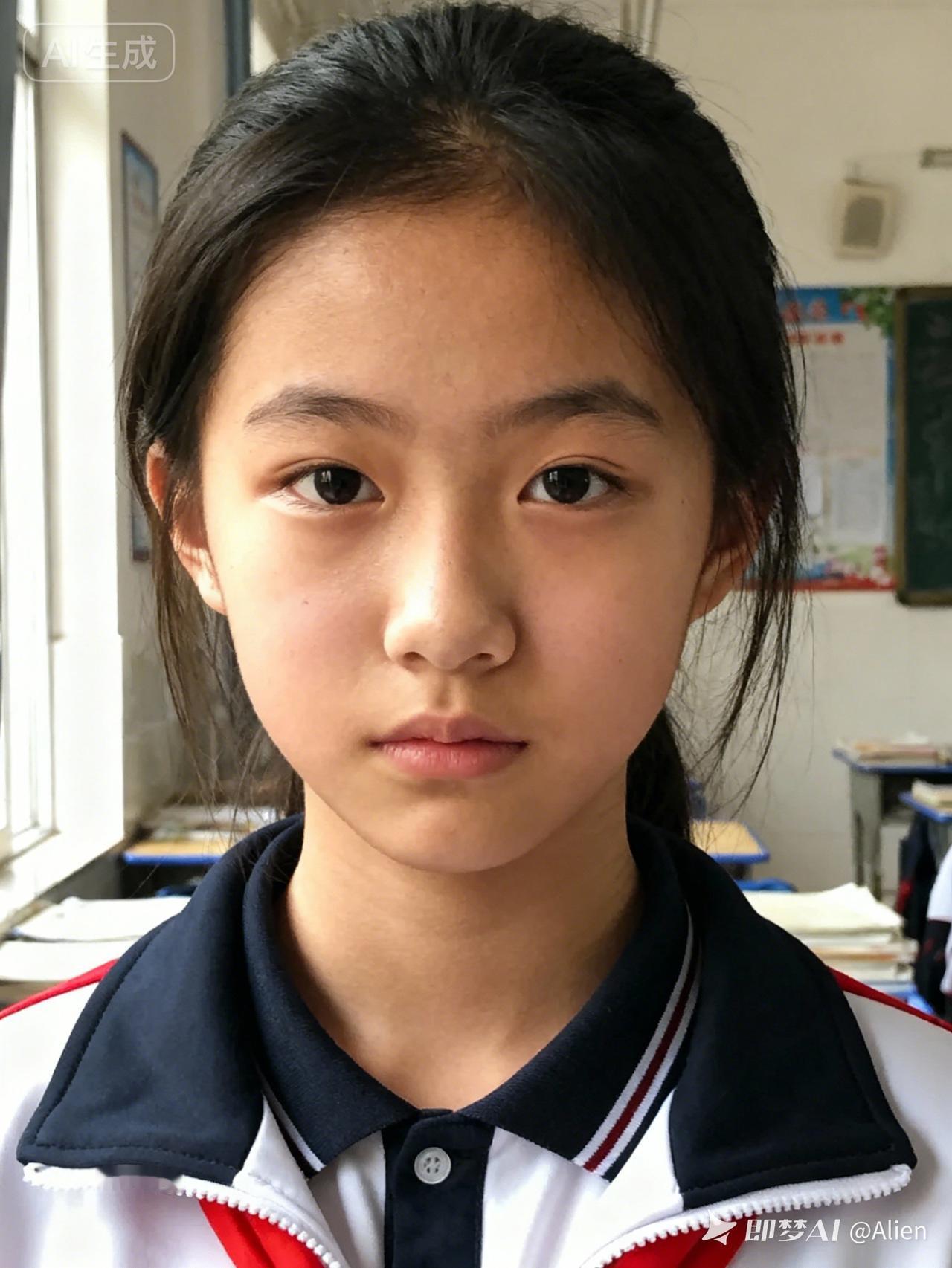 一张随手拍下的照片，女初中生，表情自然，细节清晰，生活中的一瞬间。