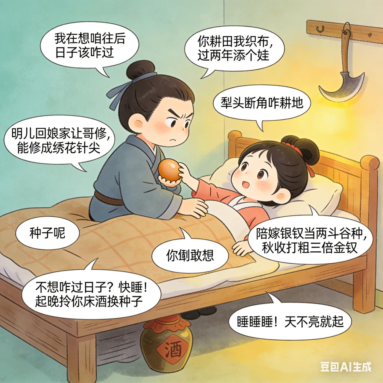 古代夫妻搞笑段子有对夫妻刚成亲不久，夜里丈夫翻来覆去睡不着，妻子问：“你咋还