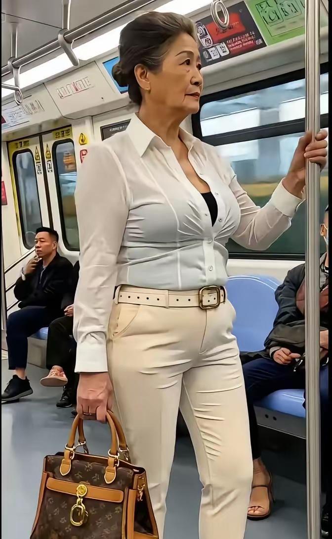 这位奶奶，是偷了儿媳妇的衣服穿吗？从衬衫到裤子，都小了两个码……不过她气场好高