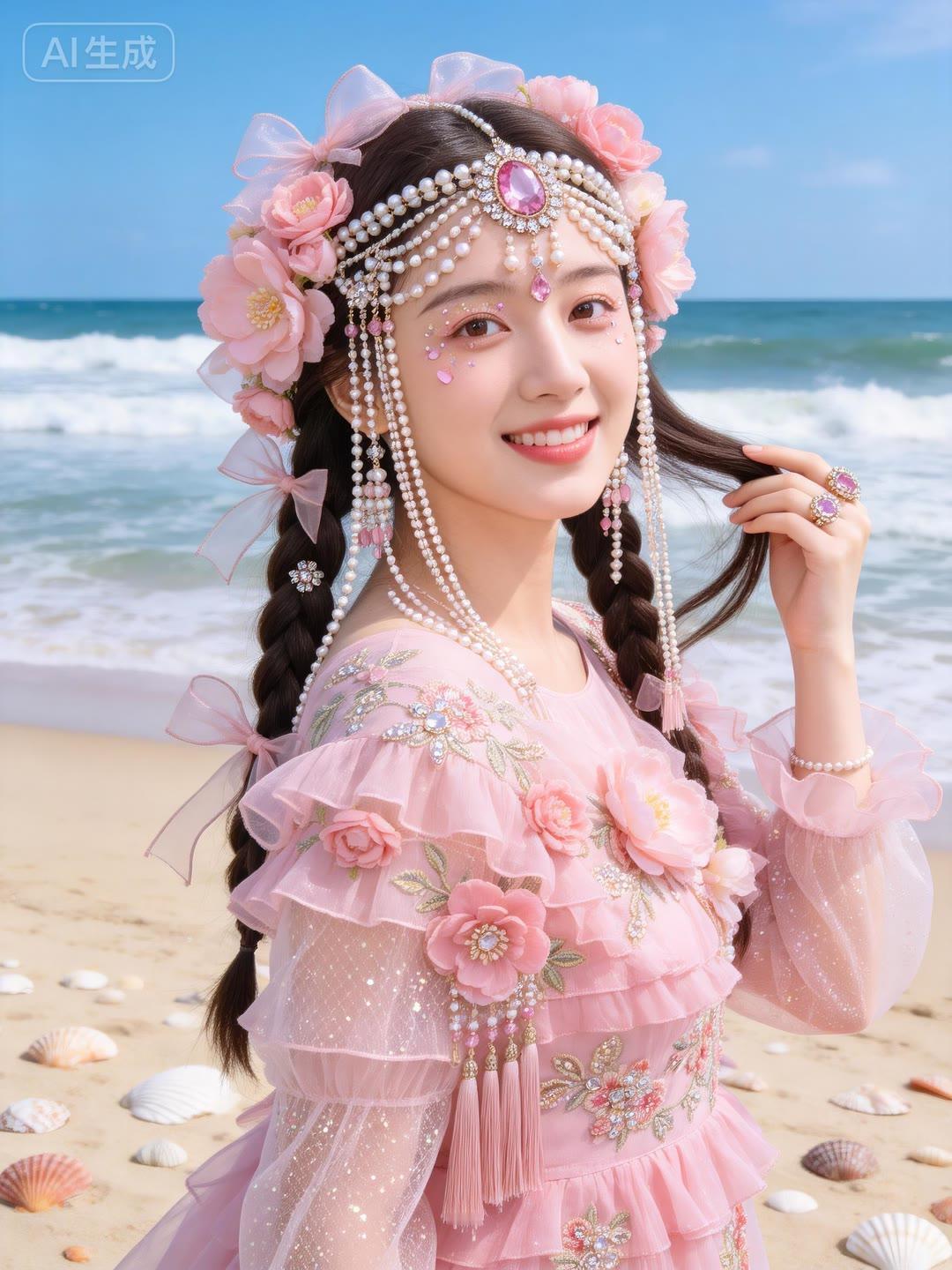 海边少女，粉嫩梦幻，花环点缀，笑靥如花