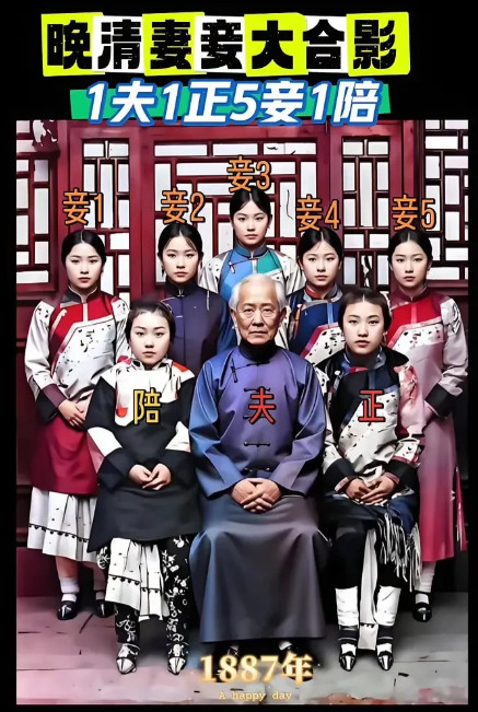 这张流传的老照片，画面中间是年长男子，身旁环绕数位女子，传言是清代大地主和他七位