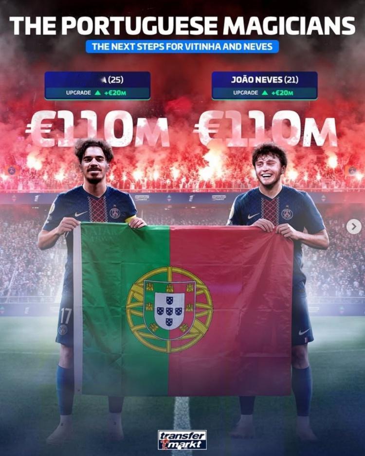 C罗要圆梦世界杯封神了了，大巴黎的葡萄牙中场双核身价均破亿！刚刚，《德国转会