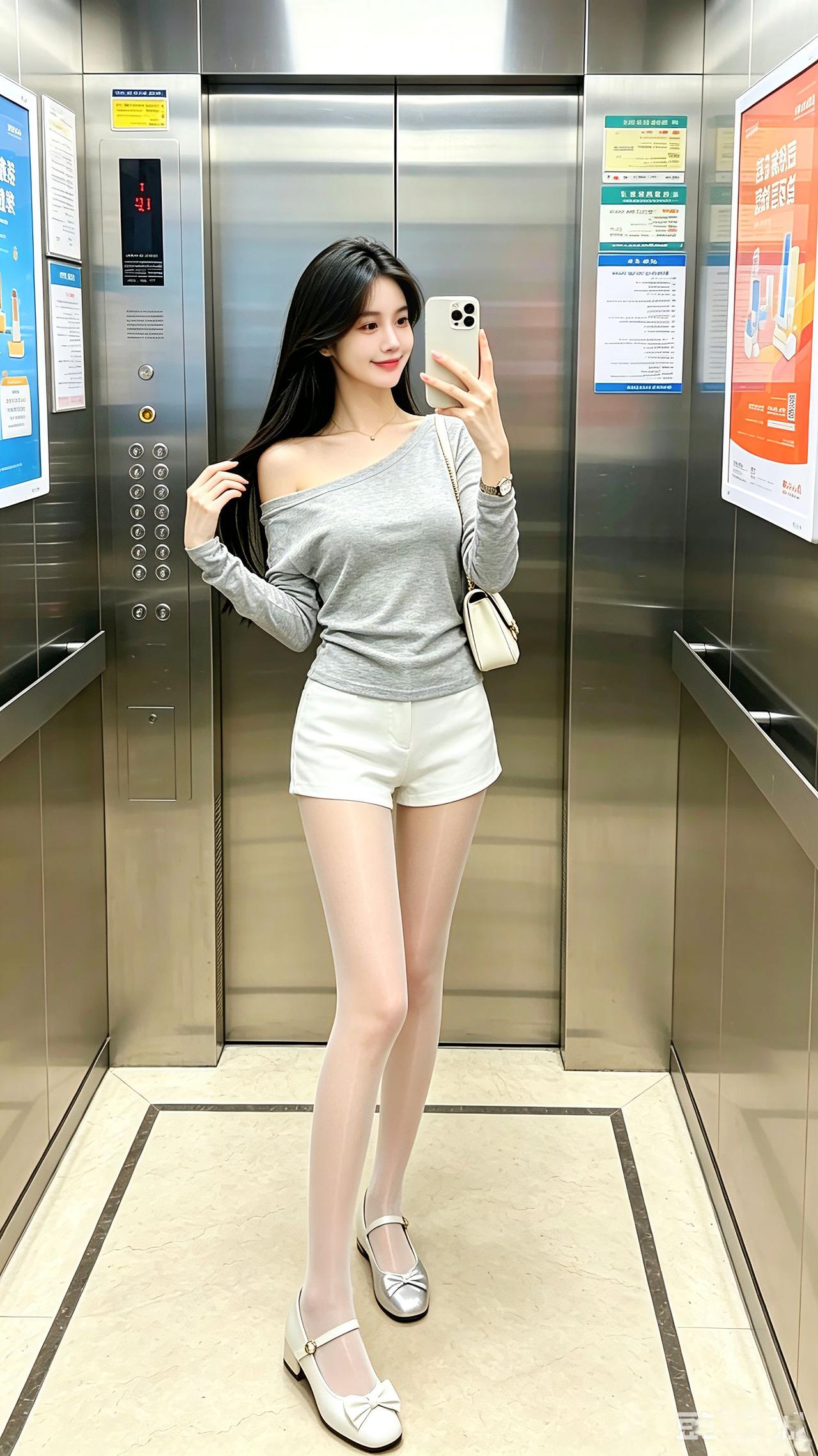 日常穿搭分享清纯甜美露肩上衣通勤休闲穿搭参考电梯拍照