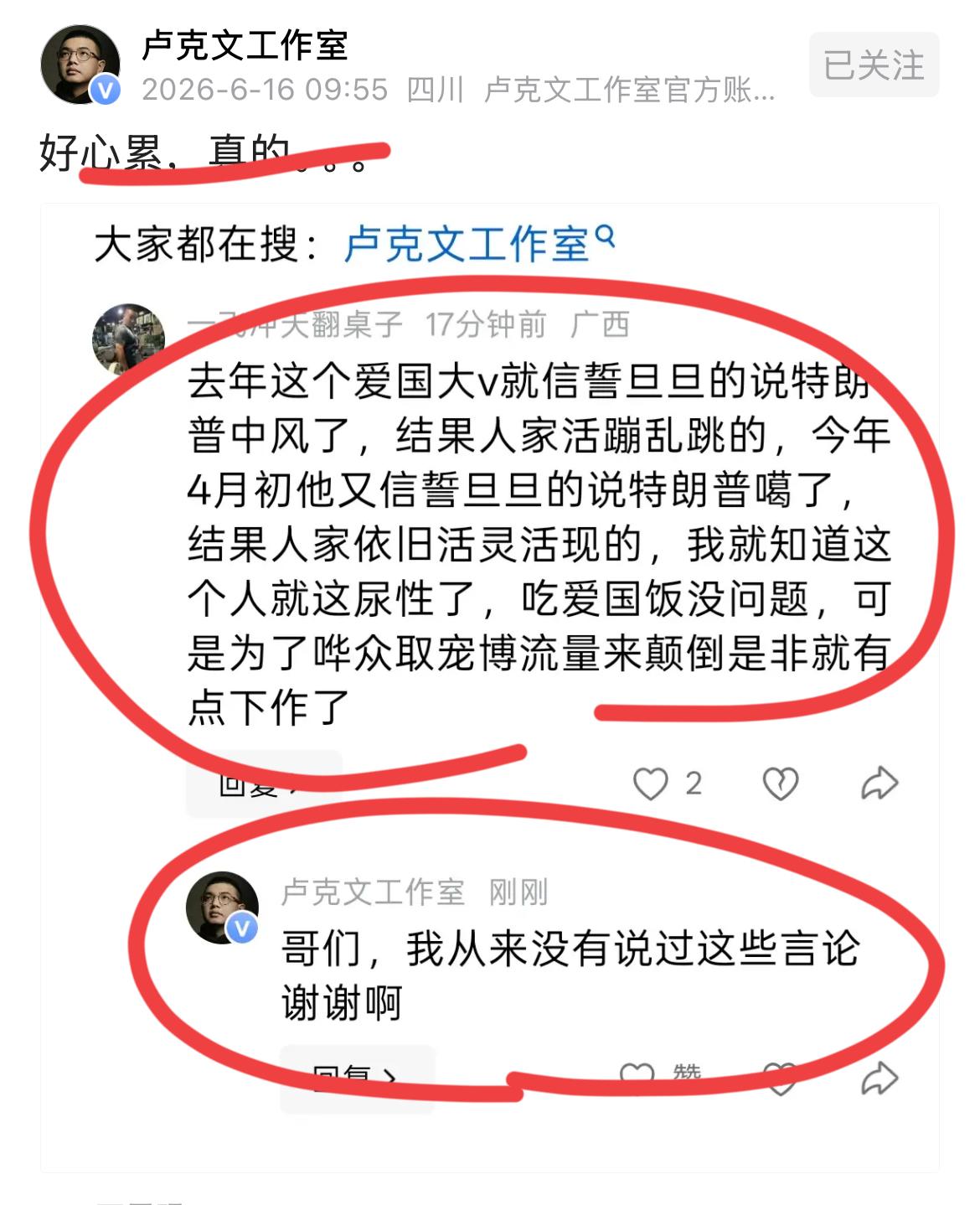 著名国际问题专家卢克文的超级感叹！！真的，心累了！！卢总在评论区被网友说成是
