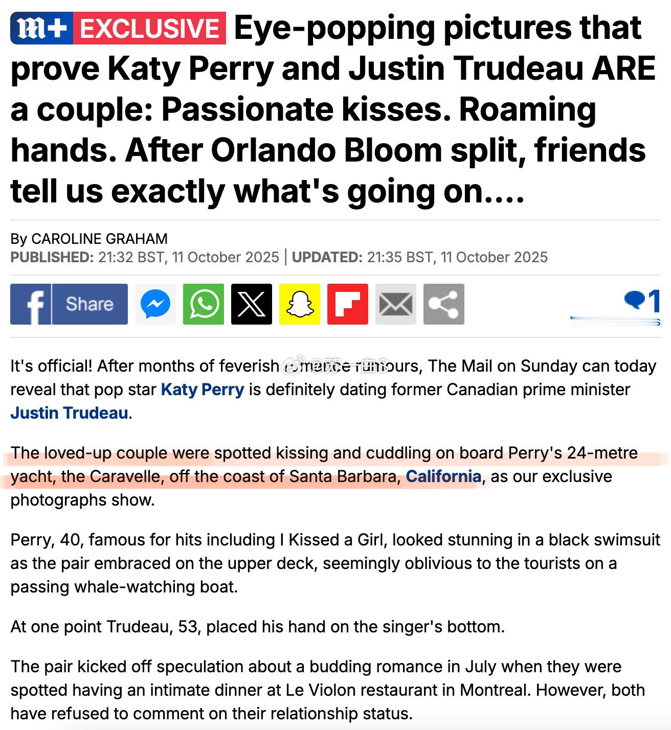 报‼️“水果姐”KatyPerry和加拿大前总理JustinTrudeau被