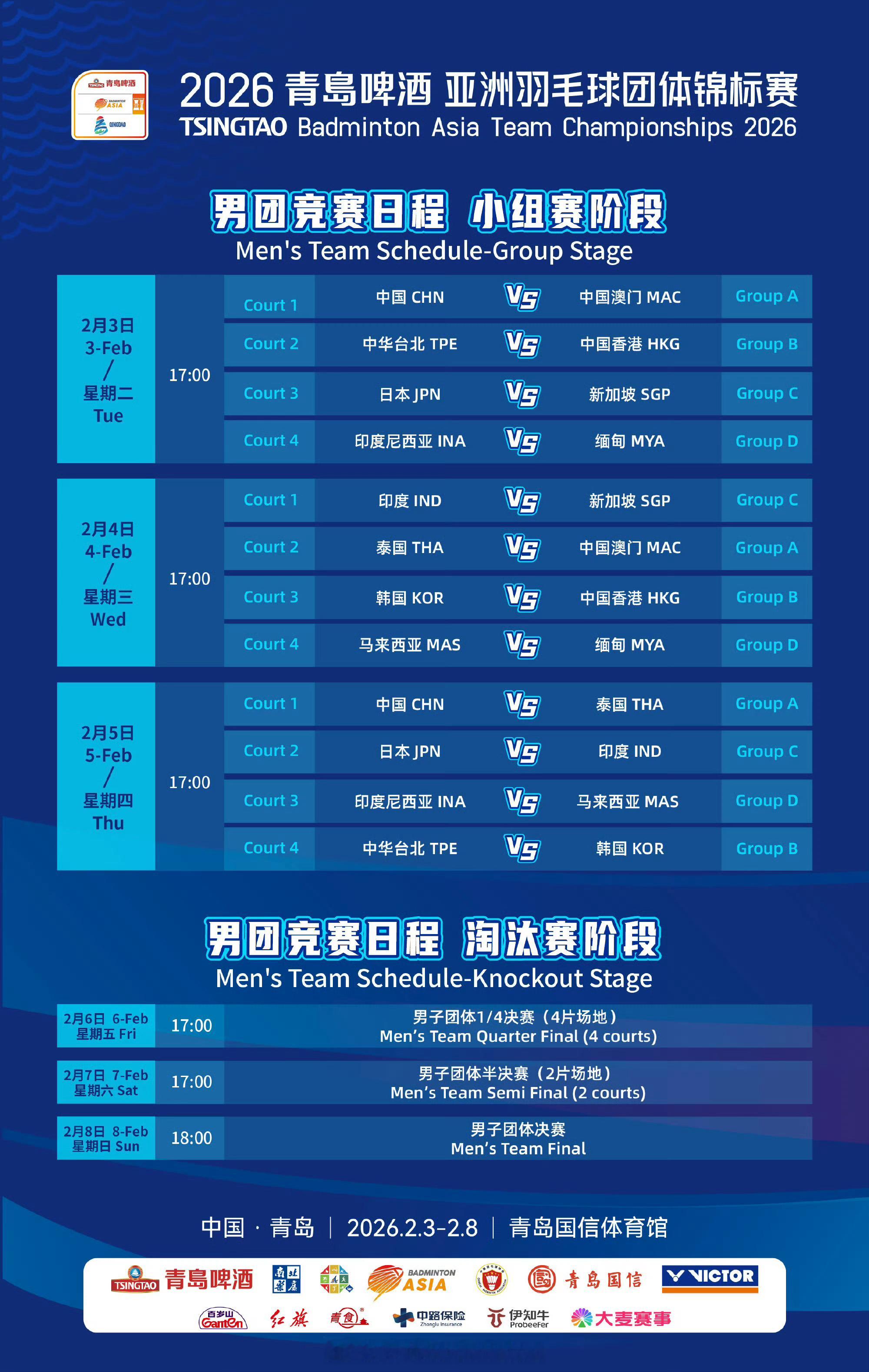 2026亚洲羽毛球团体锦标赛小组赛赛程火热出炉📅🔹国羽男团：2月3日对阵中