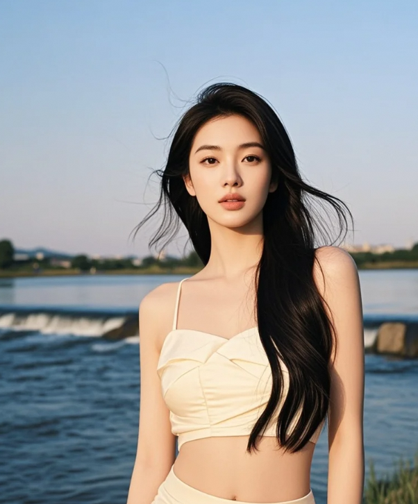 浮光掠影水云处，河畔佳人似画图