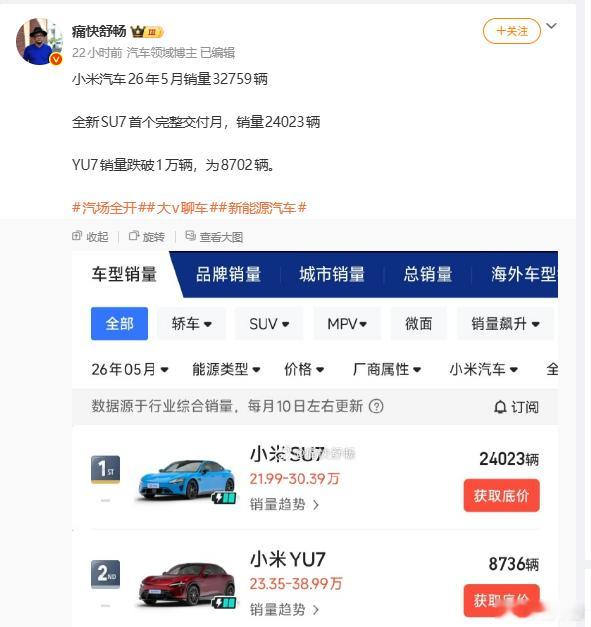 小米YU7入金这个销量，已经是许多车企羡慕不已的了