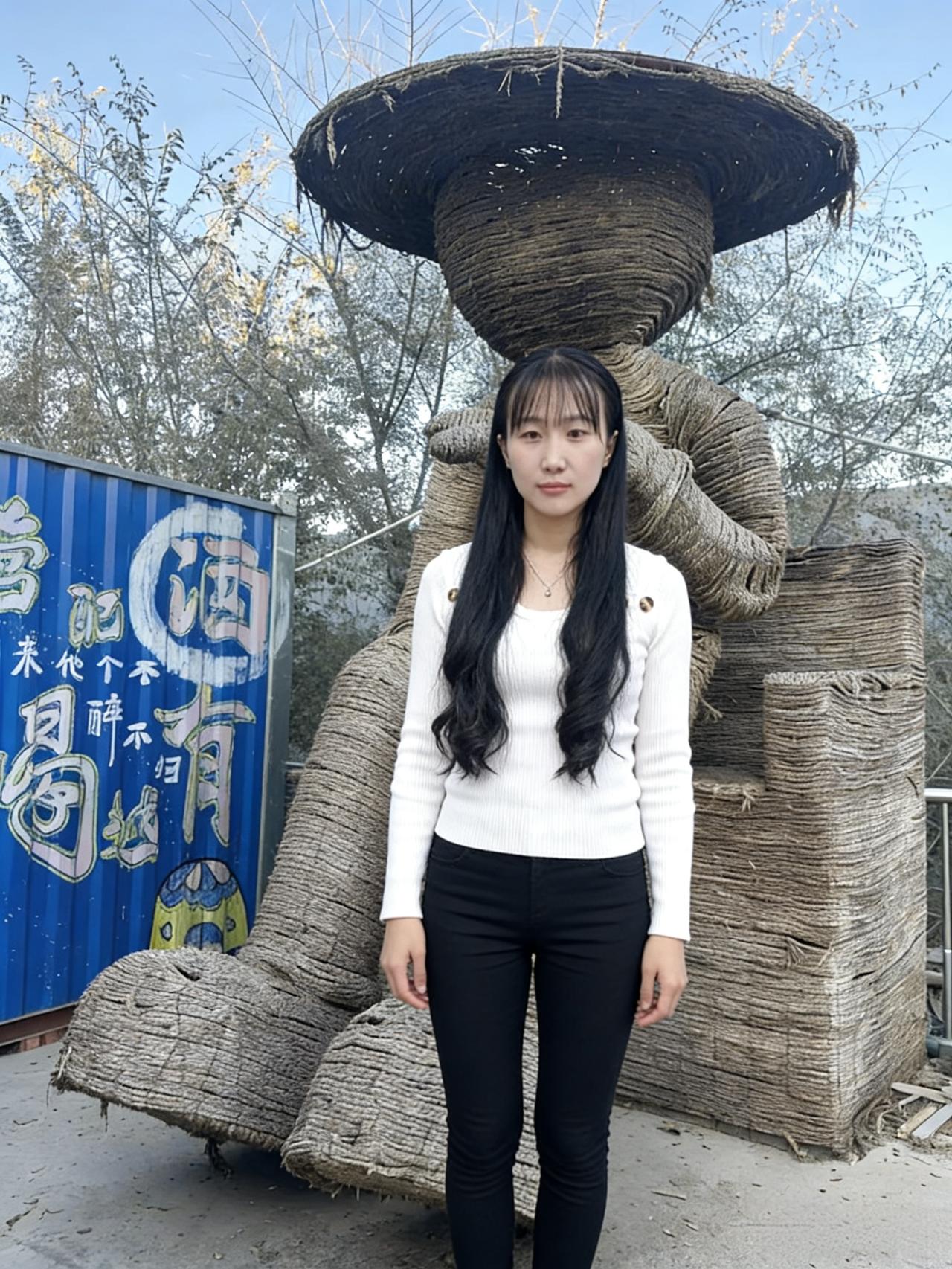 草塑呈奇态，佳人立其旁。素衣凝皎色，玄裤映清光。长发垂云鬓，凝眸望远方。壁