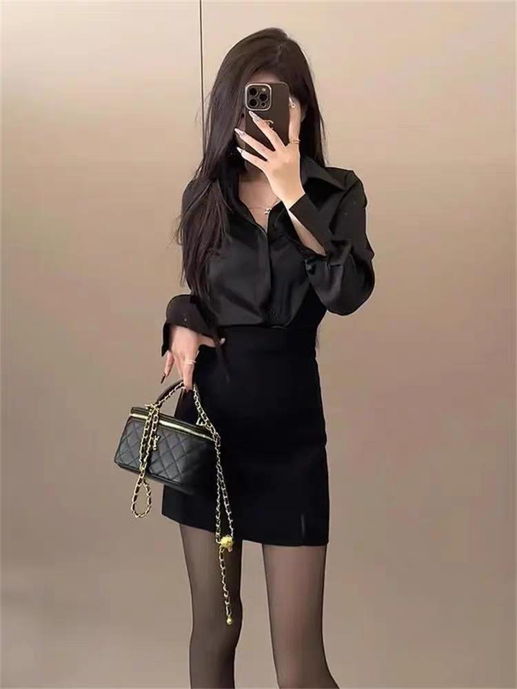 高级气质长袖衫高腰显瘦半身裙套装气质长袖衬衫裙