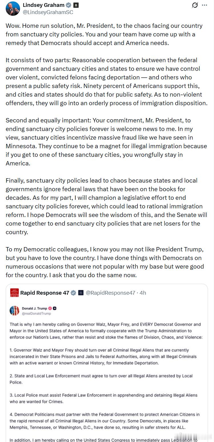 参议员林赛·格雷厄姆：我的民左党同事们，我知道你们可能不喜欢特朗普总统，但你们必