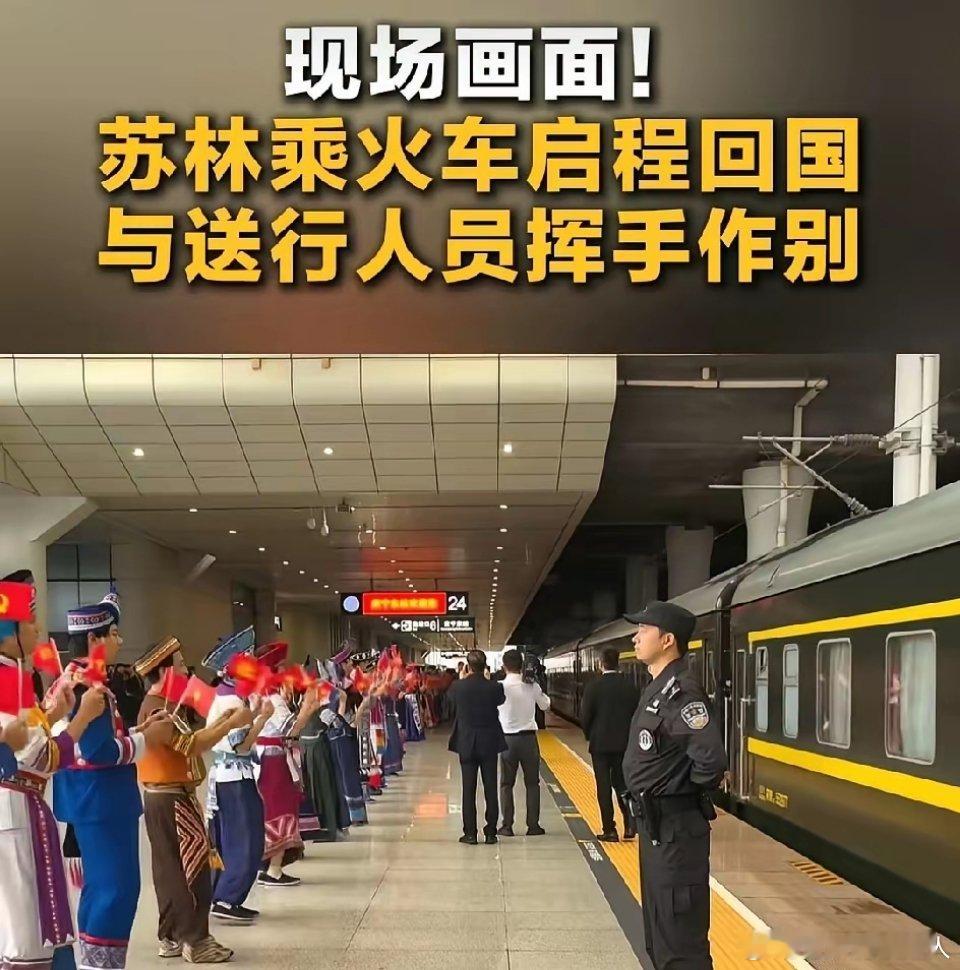 真是开眼界了，头一回见小汽车能直接开到绿皮火车站台里。刚刷到新闻，苏林乘列车离开