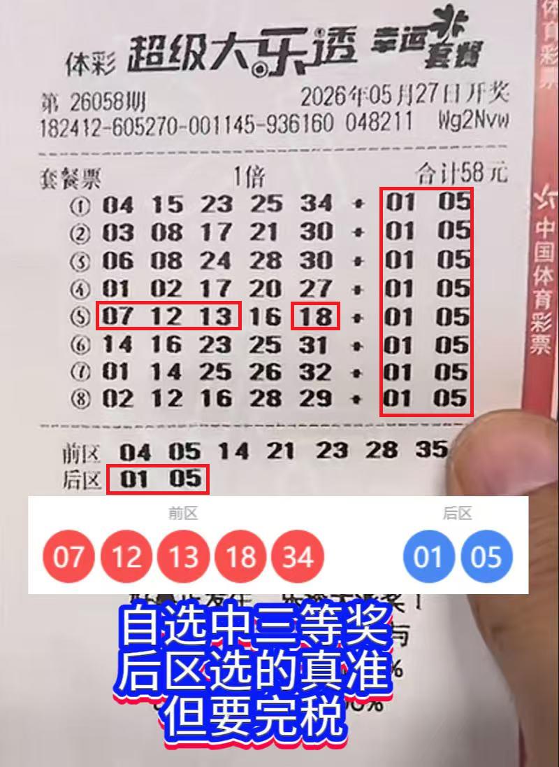 一号之差憾失一等奖！河南彩友大乐透58元套票太可惜。26058期大乐透开奖，