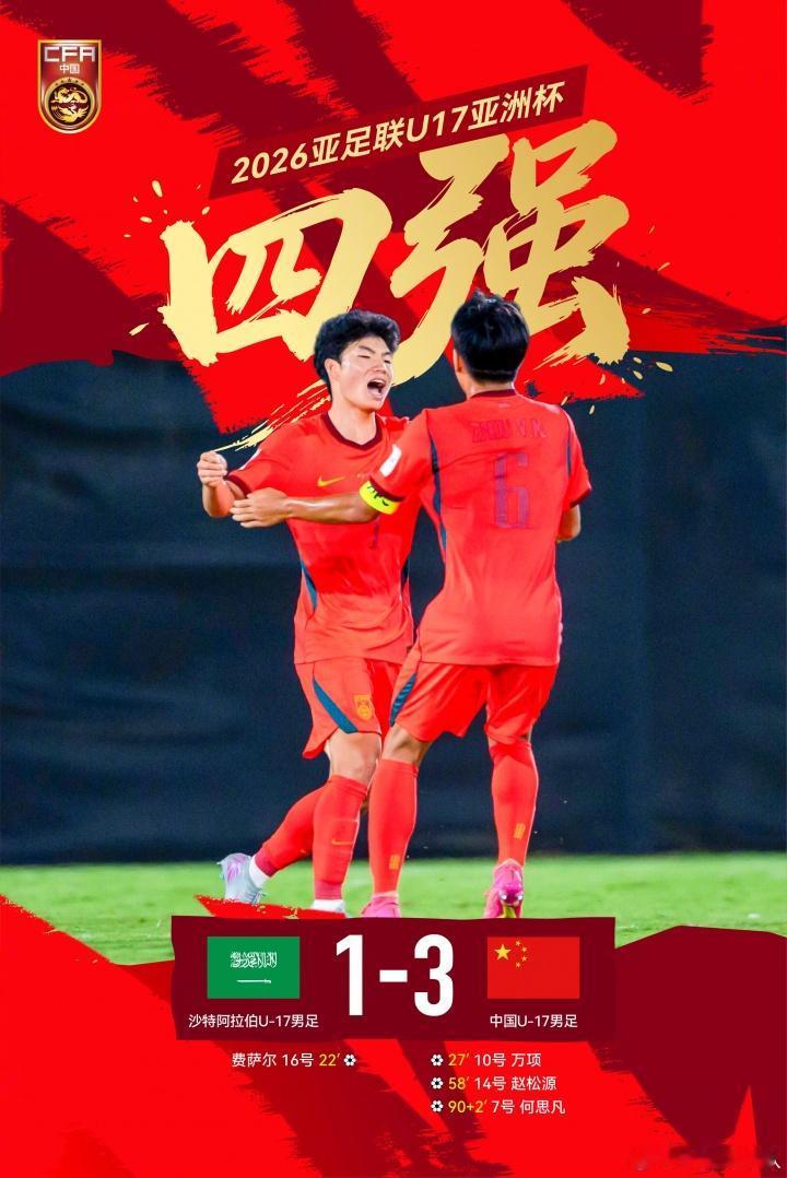U17亚洲杯1/4决赛，U17国足3：1逆转沙特，从而淘汰沙特时隔22年再进入该