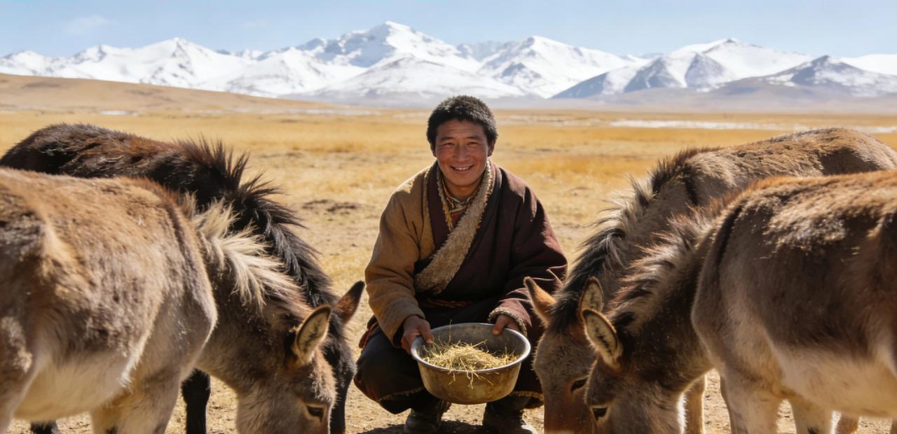 内蒙牧民喂野驴温顺如家畜内蒙古草原上，有个牧民跟一群野驴处成