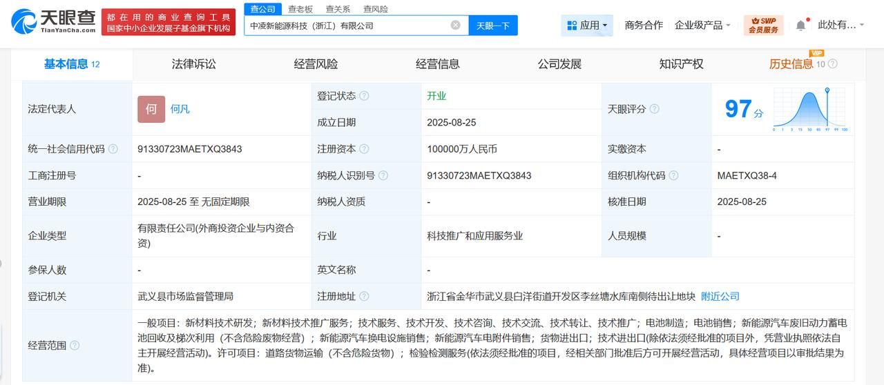 注册资本10亿天眼查工商信息显示，近日，中凌新能源科技（浙江）有限公司成立，法