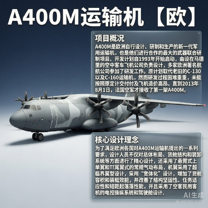 军事ai新视野A400M运输机［欧］机长：45.1米翼展：42.4米机高：14