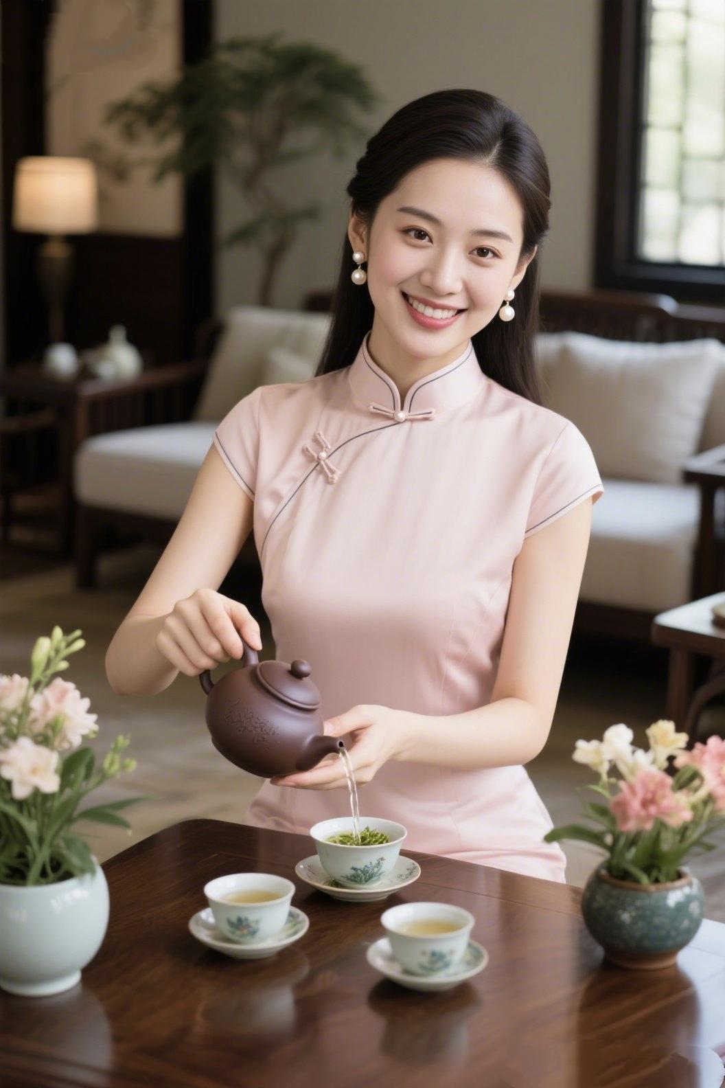 《闲庭煮茶》把江南的软，缝进粉缎的旗袍盘扣是时光的结，系住旧年的风雅青